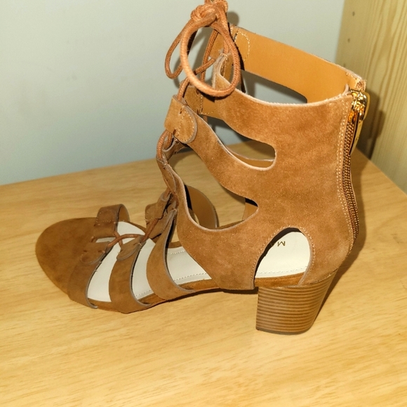 Marc Fisher Tan Suede Gladiator Lace-up Open Toe Sandal with Stacked Heel - Picture 1 of 5